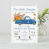 Herbst Pumpkin Blätter Blue Truck Herbst Geburtsta Einladung (Stehend Vorderseite)