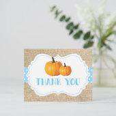 Herbst Pumpkin Blue Burlap Danke Karte (Stehend Vorderseite)