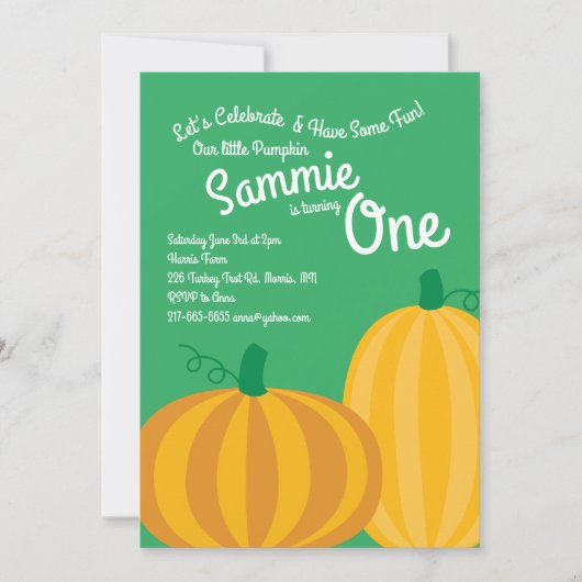 Herbst Pumpkin Patch 1. Geburtstag Einladungen (Vorderseite)