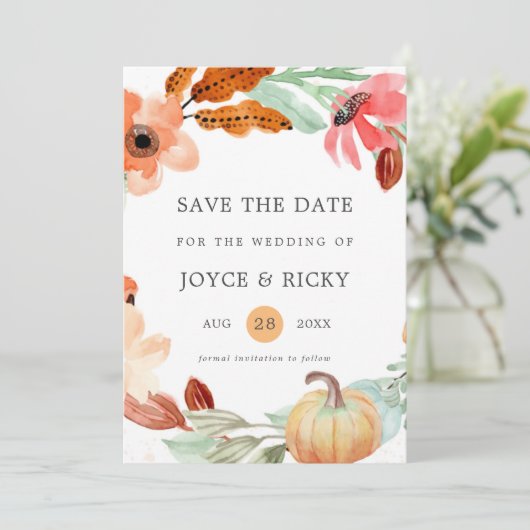 Herbst Pumpkin Save the Date Hochzeitseinladung Einladung (Stehend Vorderseite)