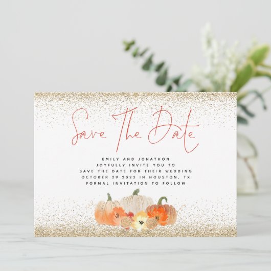 Herbst Pumpkins Gold Glitzer QR Code Hochzeit Save The Date (Stehend Vorderseite)