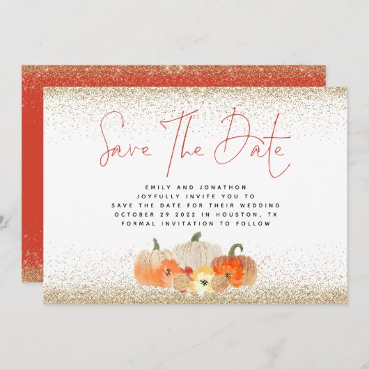 Herbst Pumpkins Gold Glitzer QR Code Hochzeit Save The Date (Vorne/Hinten)