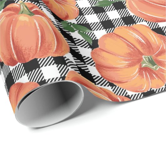 Herbst Pumpkins Schwarz-Weiß-Gingham Fall Geschenkpapier (Rolleneckpunkt)