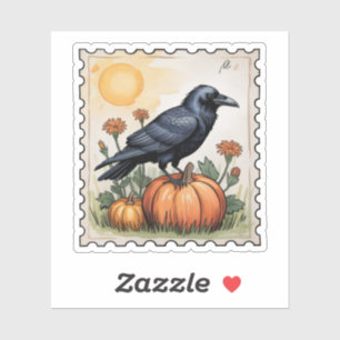 Herbst-Rabe auf Kürbis-Halloween-Briefmarke Aufkleber