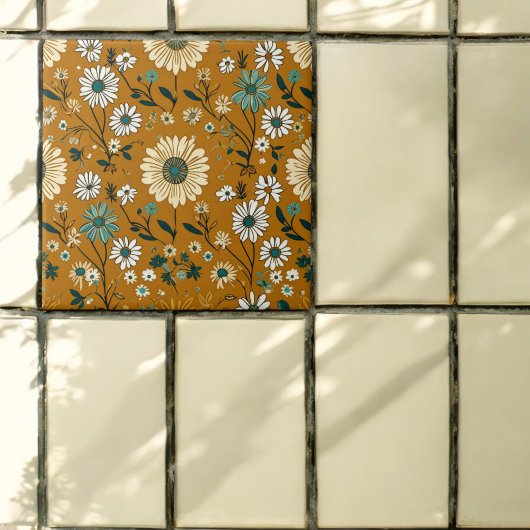 Herbst-Retro-Boho-Senf-Blumenmuster Fliese