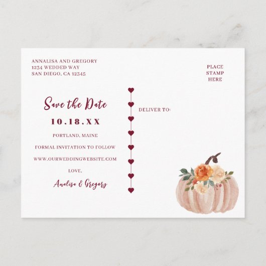 Herbst Rette unser Datum Ankündigungspostkarte (Rückseite)