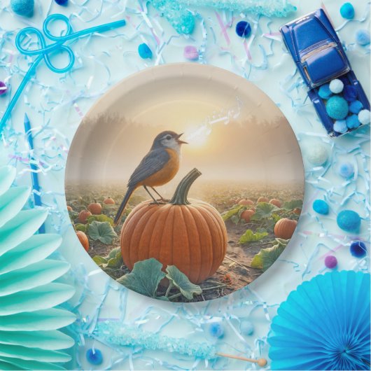 Herbst Robin singt auf einem Kürbiskahn Pappteller (Party)