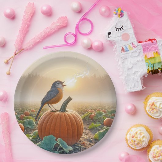 Herbst Robin singt auf einem Kürbiskahn Pappteller (Party)