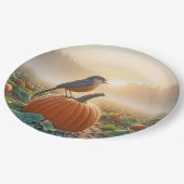 Herbst Robin singt auf einem Kürbiskahn Pappteller (Schrägansicht)