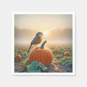 Herbst Robin singt auf einem Kürbiskahn Serviette