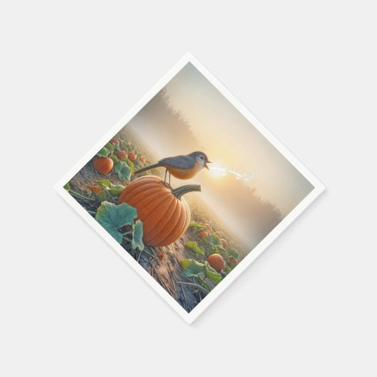 Herbst Robin singt auf einem Kürbiskahn Serviette (Ecke)