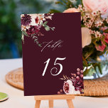 Herbst Romance Burgundy Floral Wedding Tischnummer<br><div class="desc">Diese Hochzeitsfeier-Tischnummer mit Aquarellbouquets aus Dahlien,  Rose aus dem Garten und Pony in Bordeaux,  Maron,  Rosa aus Rot und Rosa über Herbstlauben. Klicken Sie auf die SCHALTFLÄCHE BLAUE DESIGN TOOL,  um eine erweiterte Anpassung dieses Designs zu erhalten. Matching-Elemente sind ebenfalls verfügbar.</div>