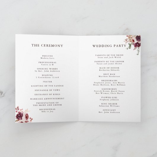 Herbst Romance Burgundy Hochzeit geklappt Programm (Innenseite)
