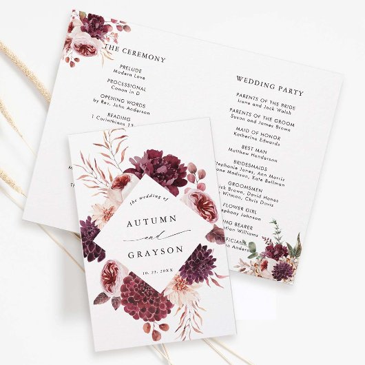 Herbst-Romance-Floral-Burgund-Hochzeitsprogramm
