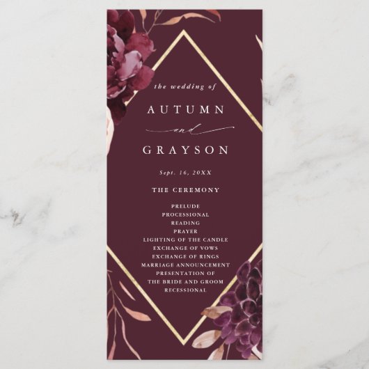 Herbst Romance Gold Frame Burgundy Wedding Programm (Vorderseite)