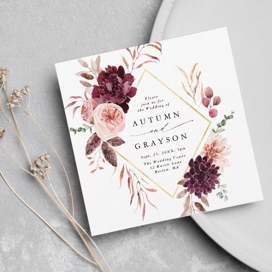 Herbst Romance Gold Frame Burgundy Wedding Square Einladung
