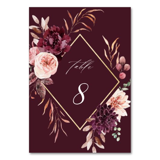 Herbst Romance Gold Frame Burgundy Wedding Tischnummer (Rückseite)