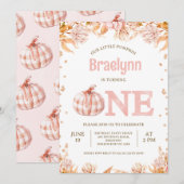 Herbst-Rosa-Blumen-Rustikaler Kürbis 1. Geburtstag Einladung (Vorne/Hinten)