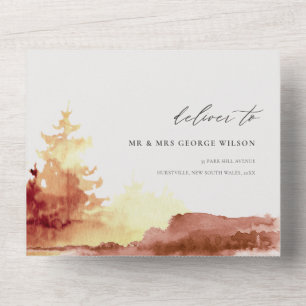 Herbst-Rost-Orange-Aquarell-Bäume-Laub-Hochzeit All In One Einladung