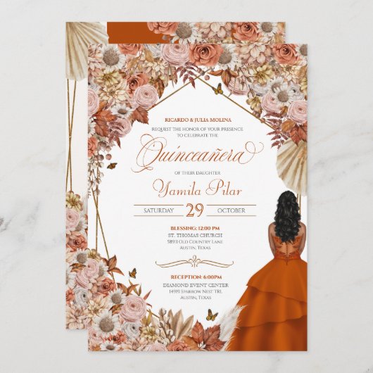 Herbst Rost Orange Blätter Quinceanera Einladung (Vorne/Hinten)
