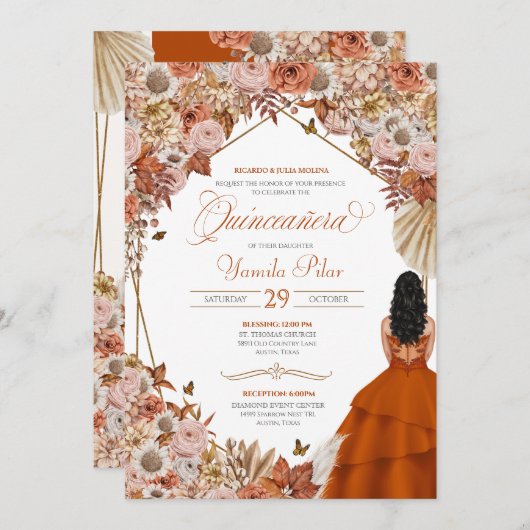 Herbst Rost Orange Blätter Quinceanera Einladung (Vorne/Hinten)