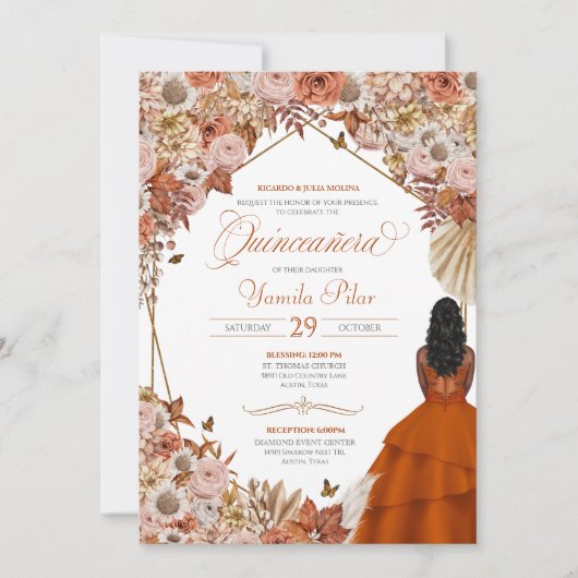 Herbst Rost Orange Blätter Quinceanera Einladung (Vorderseite)