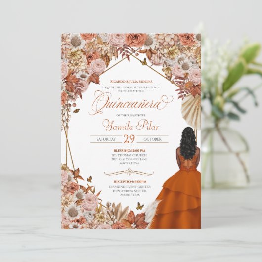Herbst Rost Orange Blätter Quinceanera Einladung (Stehend Vorderseite)