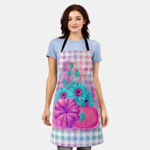 HERBST ROTE KÜRBISSE AQUA BLUMEN GINGHAM KARO SCHÜRZE