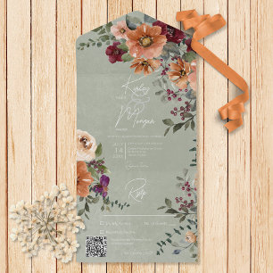 Herbst Rustikal Rust & Wein Floral Salbei QR Code All In One Einladung