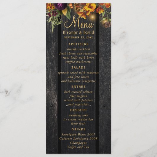 Herbst rustikale, blumengeschmückte Holzhochzeit Menükarte (Vorderseite)