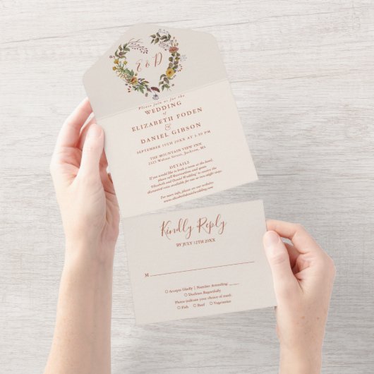 Herbst Rustikale Blumenzettel UAWG Hochzeit All In One Einladung (Abreißen)