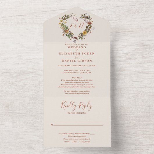 Herbst Rustikale Blumenzettel UAWG Hochzeit All In One Einladung (Innen Boden)