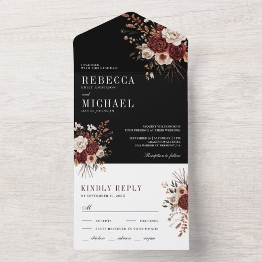 Herbst Rustikale Burgund Bläserblütenhochzeit All In One Einladung (Innen Boden)