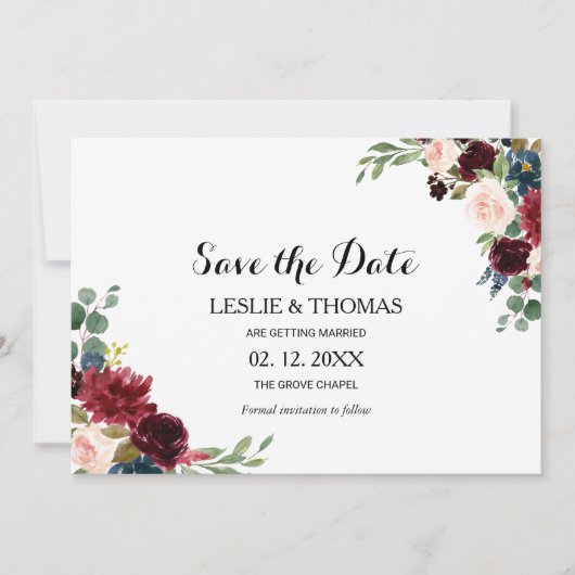 Herbst Rustikale Burgund Hochzeit speichern Datum Einladung (Vorderseite)