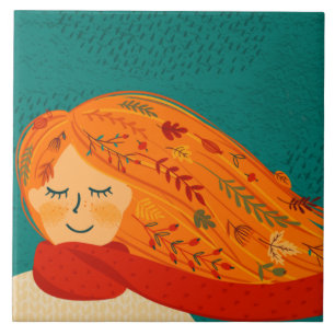 Herbst Rustikale Girl-Blätter und Regen Fliese