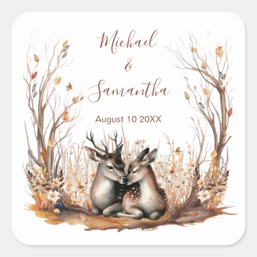 Herbst Rustikale Hirschhochzeit Quadratischer Aufkleber (Vorderseite)