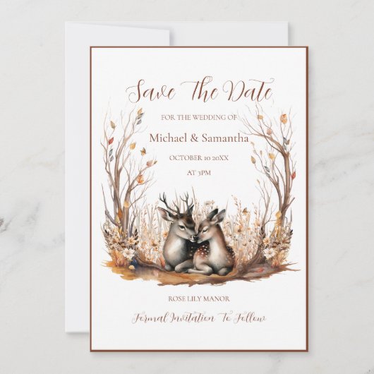 Herbst Rustikale Hirschhochzeit Save The Date (Vorderseite)