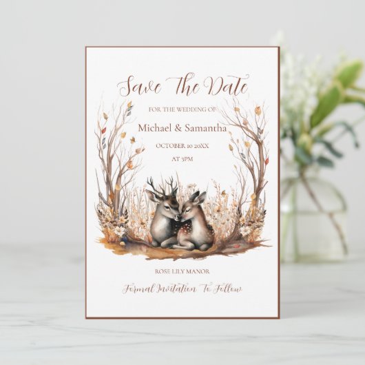 Herbst Rustikale Hirschhochzeit Save The Date (Stehend Vorderseite)