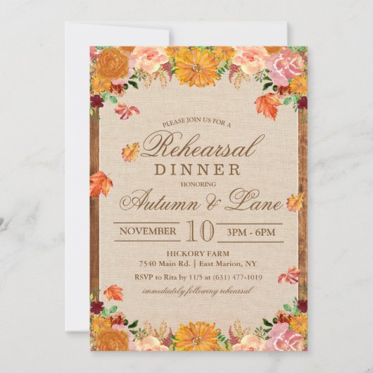 Herbst Rustikales Abendessen Probe Einladung (Vorderseite)