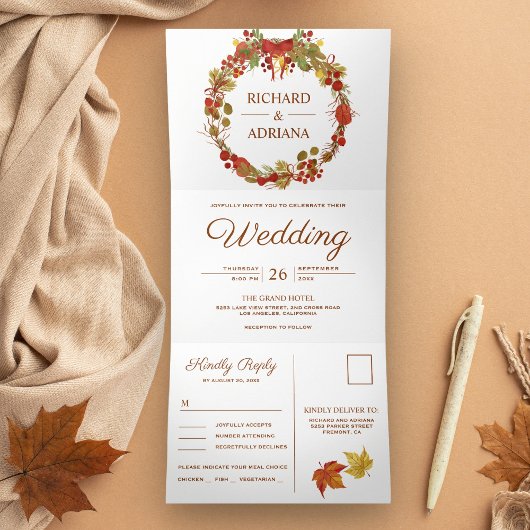 Herbst Rustikales Blätter Wreath Wedding Dreifach Gefaltete Einladung