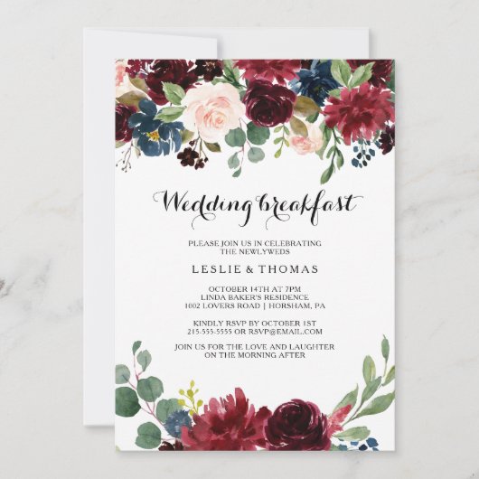 Herbst rustikales Dazzling Burgund Hochzeitsfrühst Einladung (Vorderseite)