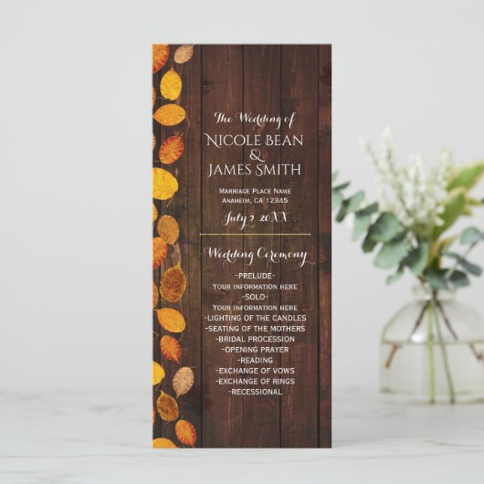 Herbst Rustikales Hochzeitsprogramm für Goldene Bl Programm (Stehend Vorderseite)
