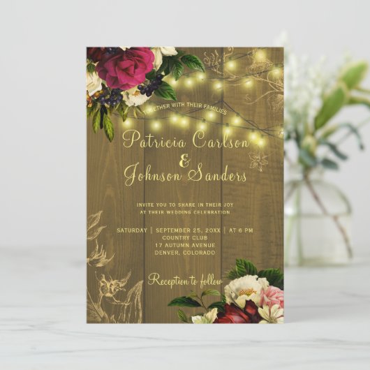 Herbst rustikales Holz und zartes Licht Blumen Hoc Einladung (Stehend Vorderseite)