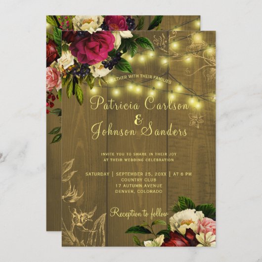Herbst rustikales Holz und zartes Licht Blumen Hoc Einladung (Vorne/Hinten)