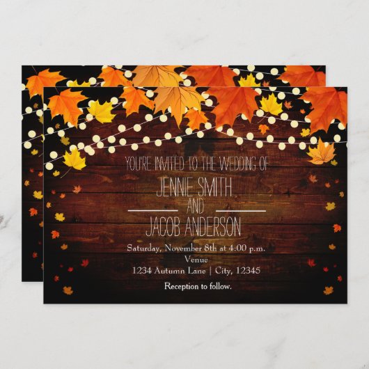 Herbst-Saitenleuchten Wood Hochzeit Einladung (Vorne/Hinten)