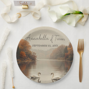 Herbst-Schwäne Romantischer See im Herbst-Hochzeit Pappteller