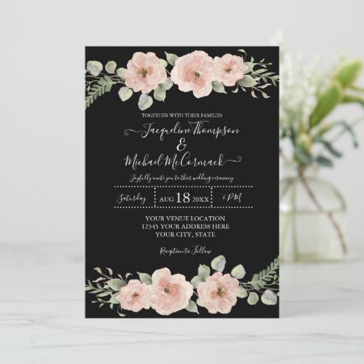 Herbst Schwarz-Weiß-Rose Hochzeit Einladung (Stehend Vorderseite)