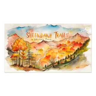 Herbst Shenandoah Trails Karte – Aquarell-Wandkuns Fotodruck