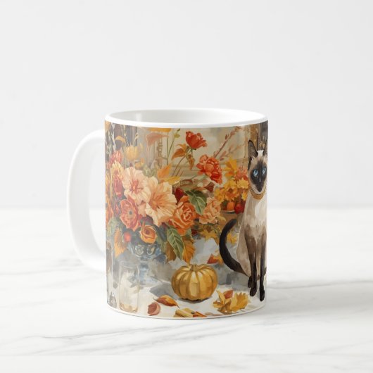 Herbst Siamese Katze am Tisch Kaffeetasse (Vorderseite Links)
