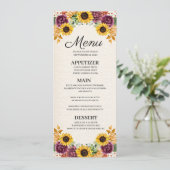 Herbst-Sonnenblume-Blumenhochzeits-Menü Einladung (Stehend Vorderseite)